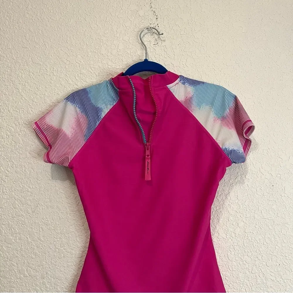 Eddie Bauer Rash Guard Girls Top Size S 7/8 Pink Tie Dye Short Sleeve Swimwear